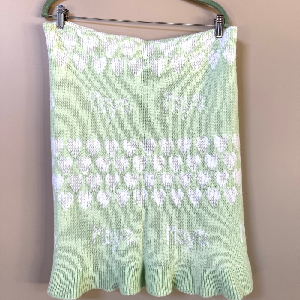 Personalized MAYA baby girl knit baby stroller blanket light green 45” x 26”